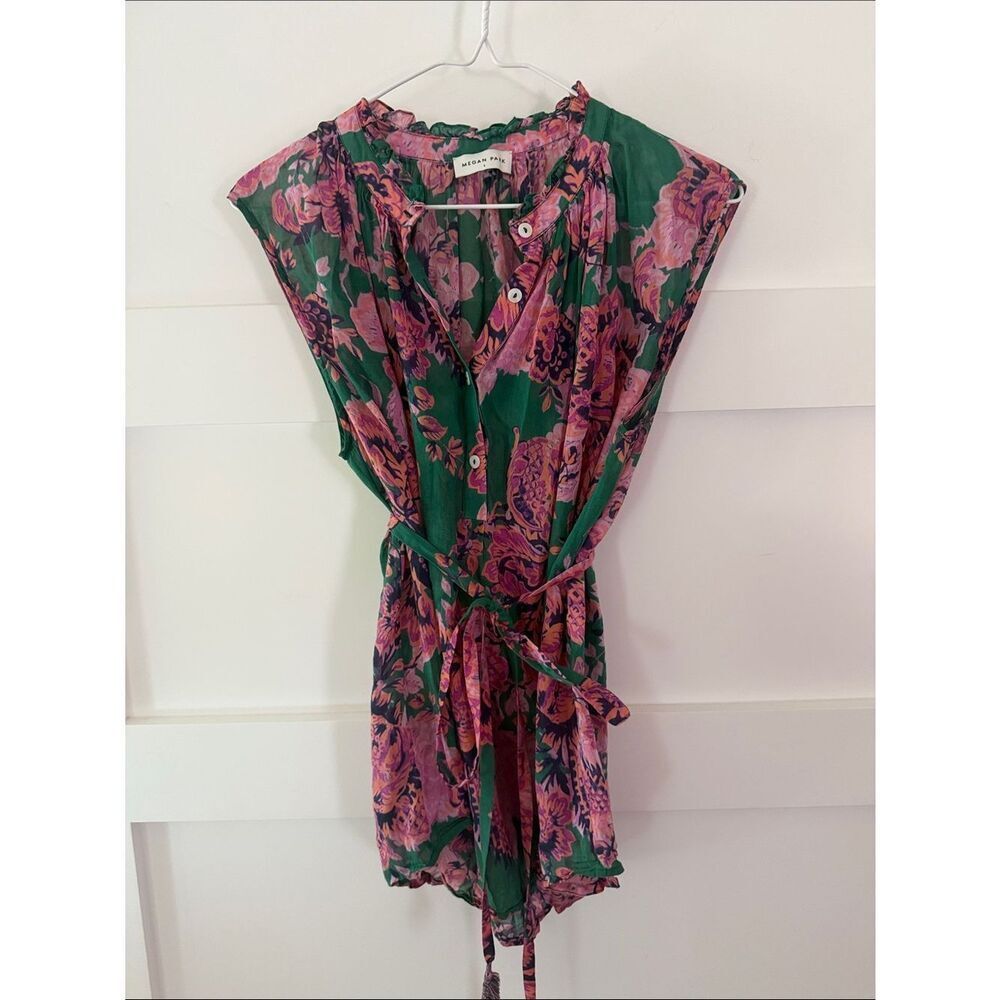 Megan Park Floral Sleeveless Boho Cottagecore Button Front Blouse Green & Pink